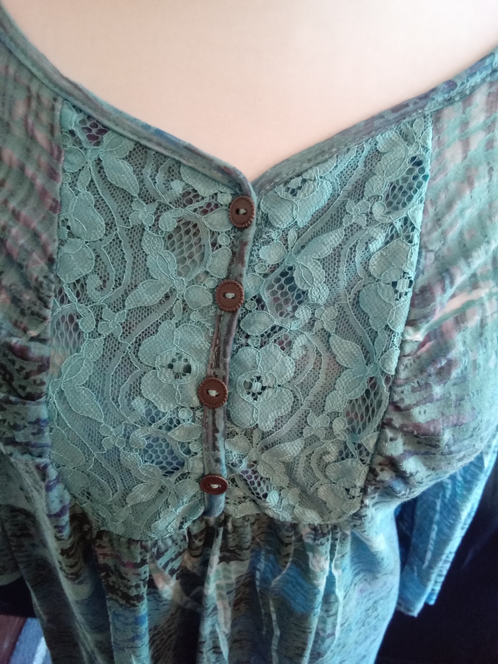 ONE WORLD Teal Lace-Yoke Long Sleeve Blouse - Picture 2 of 4